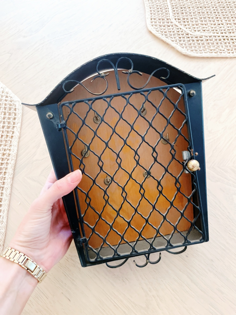 Wall-Mount Black Metal Key Holder with Decorative Lattice Door